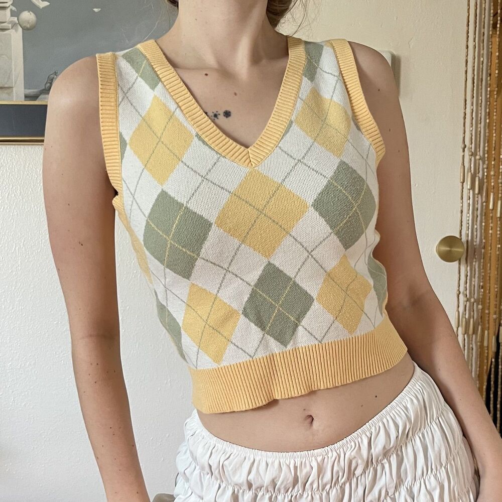 Anthropologie Luna Ivy Green & Yellow Argyle Knit Sweater Vest Size S Retro